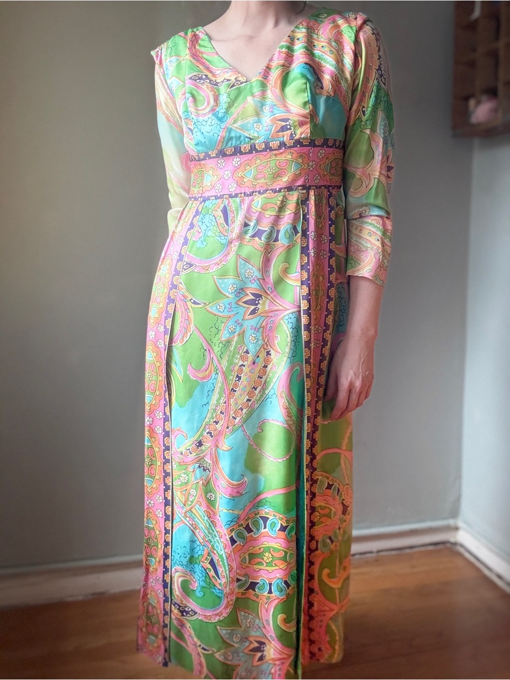 Vintage 60s Psychedelic Maxi Dress | Mod Paisley Empire Waist Gown | Size M
